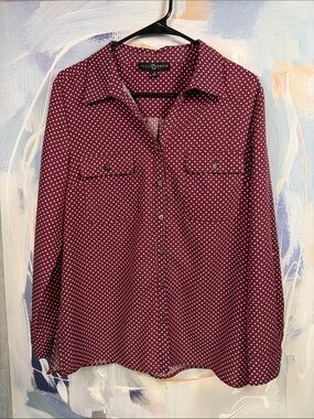 Fred David Burgundy Polka Dot Button Front Blouse Medium Long Sleeve